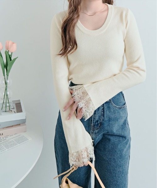 kirakiraShop(キラキラショップ)の「レース フレアスリーブ リブ ニット トップ(ニット/セーター・レディース・オレンジ/オフホワイト/ネイビー/ブラック/グリーン/ブラウン・FREE)」の12枚目の写真