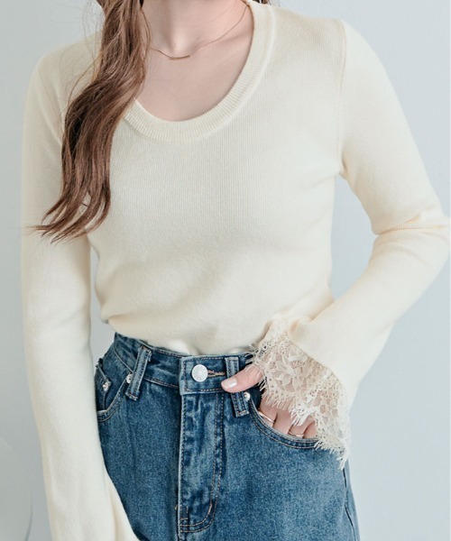 kirakiraShop(キラキラショップ)の「レース フレアスリーブ リブ ニット トップ(ニット/セーター・レディース・オレンジ/オフホワイト/ネイビー/ブラック/グリーン/ブラウン・FREE)」の13枚目の写真