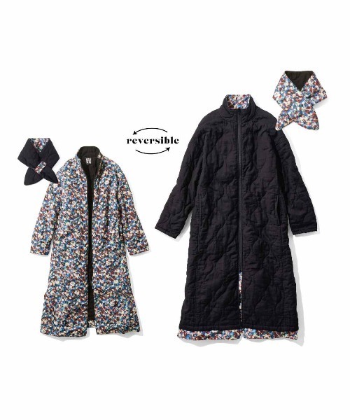 mensha!(メンシャ)の「mensha! ガーゼキルティングとヴィンテージ柄のリバーシブルコート(マフラー付き)〈花×ブラック〉(その他アウター・レディース・ブラック系その他・M/L)」の5枚目の写真