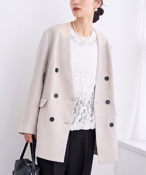 RONEL(ロネル)の「【RONEL】ノーカラーツイードダブルジャケット(ノーカラージャケット・レディース・ベージュ・S/M)」の1枚目の写真