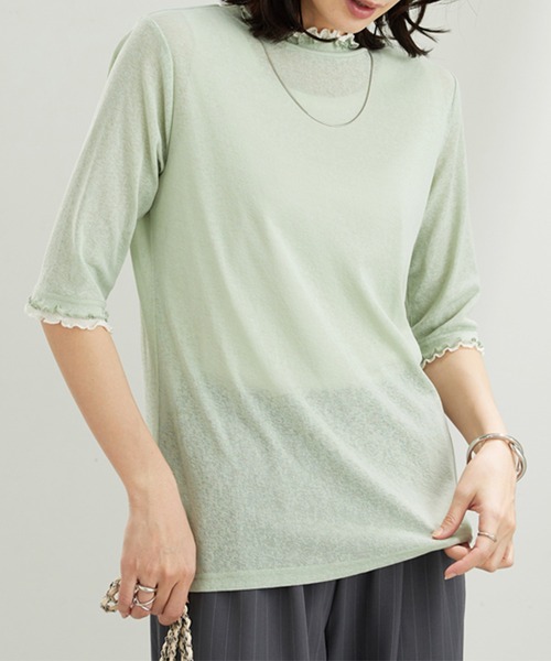 BELLUNA PLUS(ベルーナ)の「シアー素材重ね着風フリル衿プルオーバー(Tシャツ/カットソー・レディース・ミント/ブラック×グレー/ブルー系/ホワイト×グレー/ピンク系・MEDIUM/LARGE/X-LARGE)」の8枚目の写真