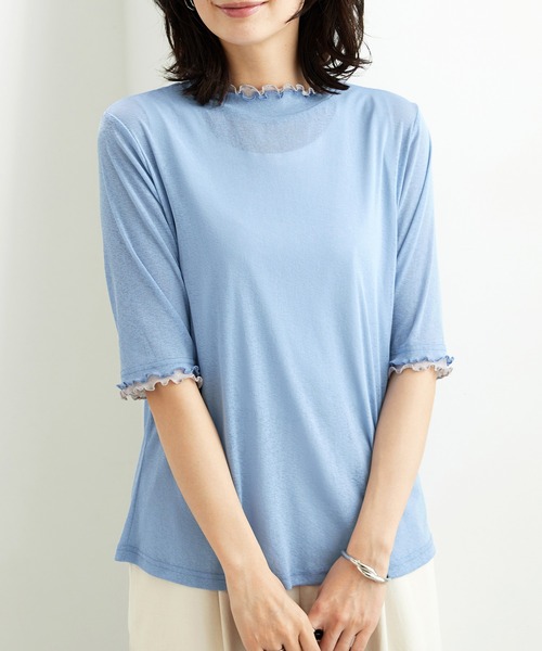 BELLUNA PLUS(ベルーナ)の「シアー素材重ね着風フリル衿プルオーバー(Tシャツ/カットソー・レディース・ミント/ブラック×グレー/ブルー系/ホワイト×グレー/ピンク系・MEDIUM/LARGE/X-LARGE)」の15枚目の写真