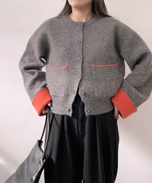 BAYBLO(ベイブロ)の「(KE) アルパカタッチ ダブルフェイス 配色ニットカーディガン/バイカラー・ショート丈・ポケット付き(ニット/セーター・レディース・アイボリー/ブラック/チャコールグレー・FREE)」の13枚目の写真