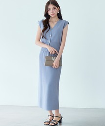 SAISON DE PAPILLON（セゾンドパピヨン）の「レーディス Vネック フレンチスリーブ ゴム付き ニットセットアップ 単品使える 通勤 ミモレ丈（セットアップ）」