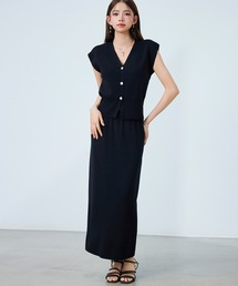 SAISON DE PAPILLON（セゾンドパピヨン）の「レーディス Vネック フレンチスリーブ ゴム付き ニットセットアップ 単品使える 通勤 ミモレ丈（セットアップ）」