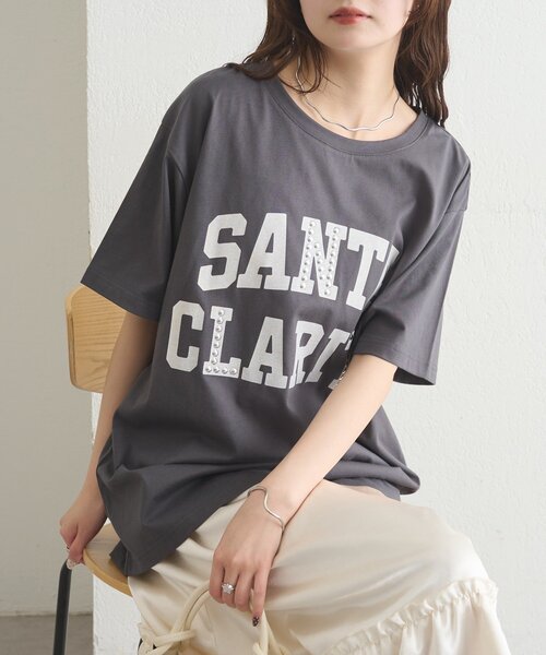 mystic(ミスティック)の「スタッズロゴカレッジTシャツ(Tシャツ/カットソー・レディース・グレー/チャコールグレー・FREE)」の1枚目の写真