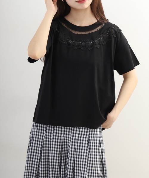 Anna Nicola(アンナニコラ)の「Anna Nicola レース切替半袖Tシャツ(Tシャツ/カットソー・レディース・オフホワイト・38)」の2枚目の写真