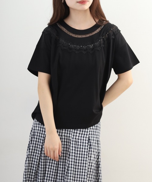 Anna Nicola(アンナニコラ)の「Anna Nicola レース切替半袖Tシャツ(Tシャツ/カットソー・レディース・オフホワイト・38)」の4枚目の写真