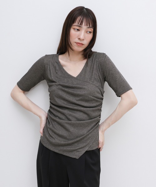 select MOCA(セレクトモカ)の「ドレープカシュクールシアーTシャツ(Tシャツ/カットソー・レディース・ブラック/アイボリー/グレー・FREE)」の14枚目の写真
