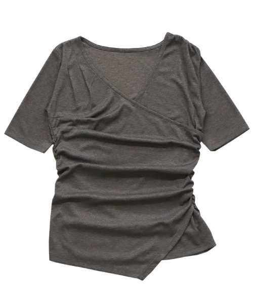 select MOCA(セレクトモカ)の「ドレープカシュクールシアーTシャツ(Tシャツ/カットソー・レディース・ブラック/アイボリー/グレー・FREE)」の4枚目の写真