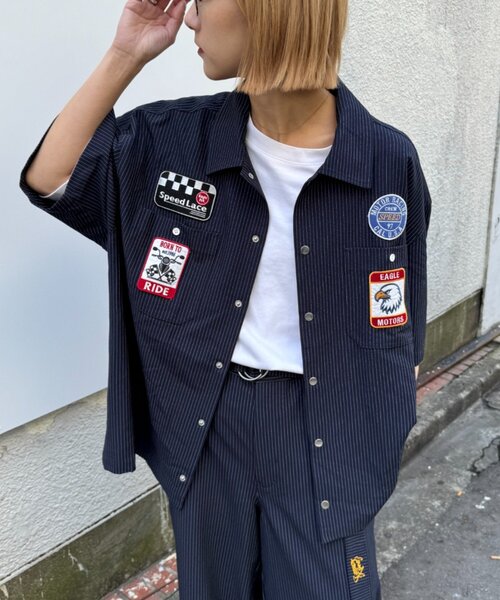 SOUNDSGOOOOD（サウンズグッド）の「【SOUNDS GOOOOD】ワッペンストライプシャツ（シャツ/ブラウス・レディース・ネイビー/オフホワイト・ONE SIZE）」の17枚目の写真