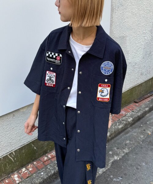 SOUNDSGOOOOD（サウンズグッド）の「【SOUNDS GOOOOD】ワッペンストライプシャツ（シャツ/ブラウス・レディース・ネイビー/オフホワイト・ONE SIZE）」の18枚目の写真