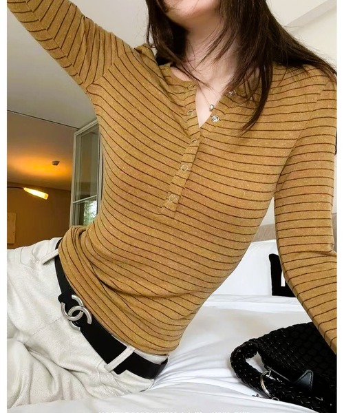 inst.ALL(インストール)の「ボーダーヘンリーネックトップス(Tシャツ/カットソー・レディース・グレー/ダークベージュ・M)」の11枚目の写真