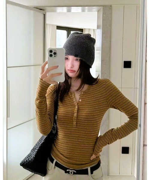 inst.ALL(インストール)の「ボーダーヘンリーネックトップス(Tシャツ/カットソー・レディース・グレー/ダークベージュ・M)」の12枚目の写真