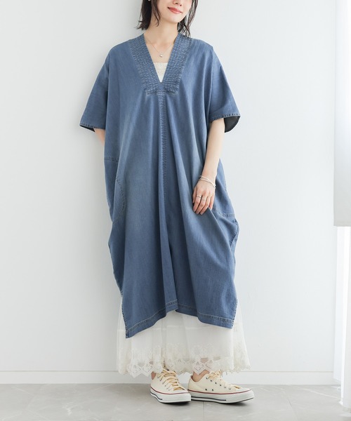 n'OrLABEL(ノアールレーベル)の「【接触冷感・UVカット・遮熱効果・抗菌防臭・ストレッチ】デニムカフタンワンピース(ワンピース・レディース・インディゴブルー/ブルー・FREE)」の2枚目の写真