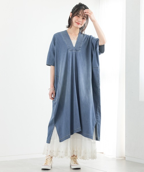 n'OrLABEL(ノアールレーベル)の「【接触冷感・UVカット・遮熱効果・抗菌防臭・ストレッチ】デニムカフタンワンピース(ワンピース・レディース・インディゴブルー/ブルー・FREE)」の4枚目の写真