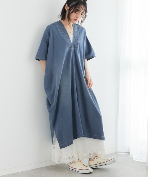 n'OrLABEL(ノアールレーベル)の「【接触冷感・UVカット・遮熱効果・抗菌防臭・ストレッチ】デニムカフタンワンピース(ワンピース・レディース・インディゴブルー/ブルー・FREE)」の5枚目の写真