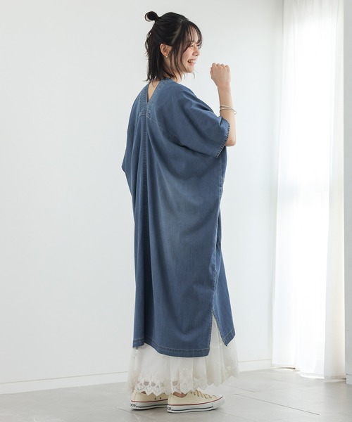 n'OrLABEL(ノアールレーベル)の「【接触冷感・UVカット・遮熱効果・抗菌防臭・ストレッチ】デニムカフタンワンピース(ワンピース・レディース・インディゴブルー/ブルー・FREE)」の7枚目の写真