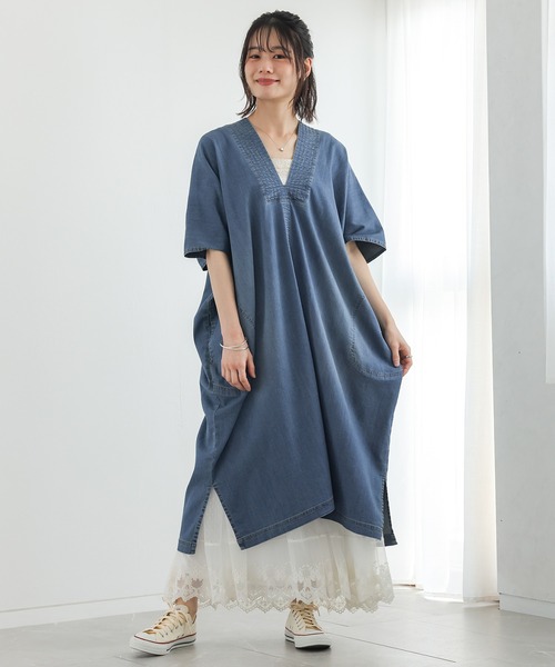 n'OrLABEL(ノアールレーベル)の「【接触冷感・UVカット・遮熱効果・抗菌防臭・ストレッチ】デニムカフタンワンピース(ワンピース・レディース・インディゴブルー/ブルー・FREE)」の8枚目の写真