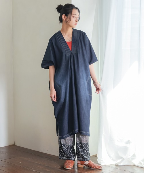 n'OrLABEL(ノアールレーベル)の「【接触冷感・UVカット・遮熱効果・抗菌防臭・ストレッチ】デニムカフタンワンピース(ワンピース・レディース・インディゴブルー/ブルー・FREE)」の9枚目の写真