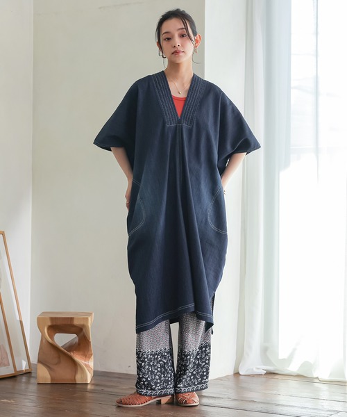 n'OrLABEL(ノアールレーベル)の「【接触冷感・UVカット・遮熱効果・抗菌防臭・ストレッチ】デニムカフタンワンピース(ワンピース・レディース・インディゴブルー/ブルー・FREE)」の10枚目の写真