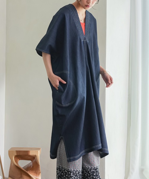 n'OrLABEL(ノアールレーベル)の「【接触冷感・UVカット・遮熱効果・抗菌防臭・ストレッチ】デニムカフタンワンピース(ワンピース・レディース・インディゴブルー/ブルー・FREE)」の12枚目の写真