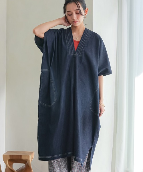 n'OrLABEL(ノアールレーベル)の「【接触冷感・UVカット・遮熱効果・抗菌防臭・ストレッチ】デニムカフタンワンピース(ワンピース・レディース・インディゴブルー/ブルー・FREE)」の13枚目の写真