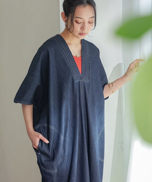 n'OrLABEL(ノアールレーベル)の「【接触冷感・UVカット・遮熱効果・抗菌防臭・ストレッチ】デニムカフタンワンピース(ワンピース・レディース・インディゴブルー/ブルー・FREE)」の14枚目の写真