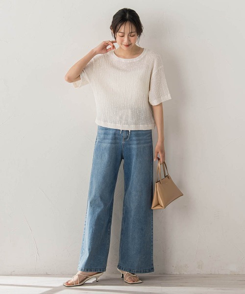 Droite lautreamont(ドロワットロートレアモン)の「Recycle Slub BluseクロップドTシャツ(Tシャツ/カットソー・レディース・ベージュ/グリーン/オフホワイト・M)」の9枚目の写真