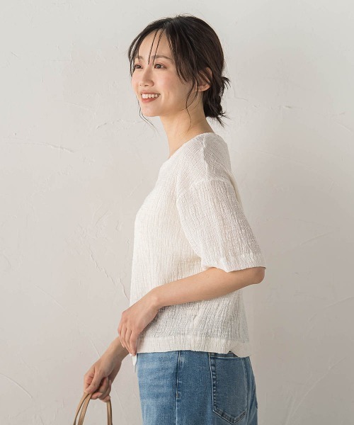 Droite lautreamont(ドロワットロートレアモン)の「Recycle Slub BluseクロップドTシャツ(Tシャツ/カットソー・レディース・ベージュ/グリーン/オフホワイト・M)」の5枚目の写真