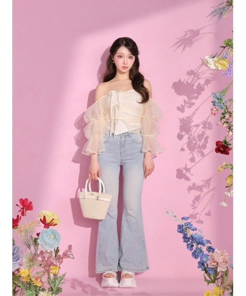 Back ribbon slim flare denim(eme10573)（デニムパンツ）｜M me eme
