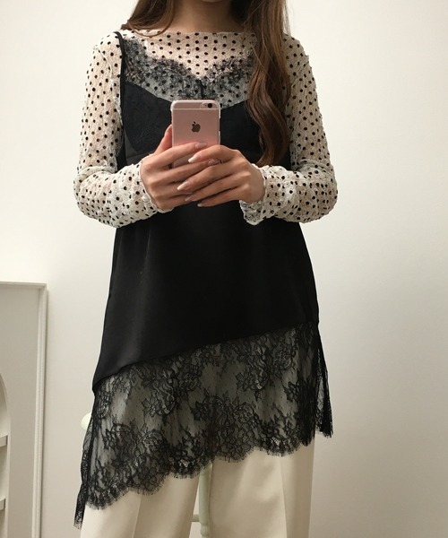 atONE（アットワン）の「レース切替サテンアシメキャミ（キャミソール・レディース・ブラック/オフホワイト・F）」の19枚目の写真