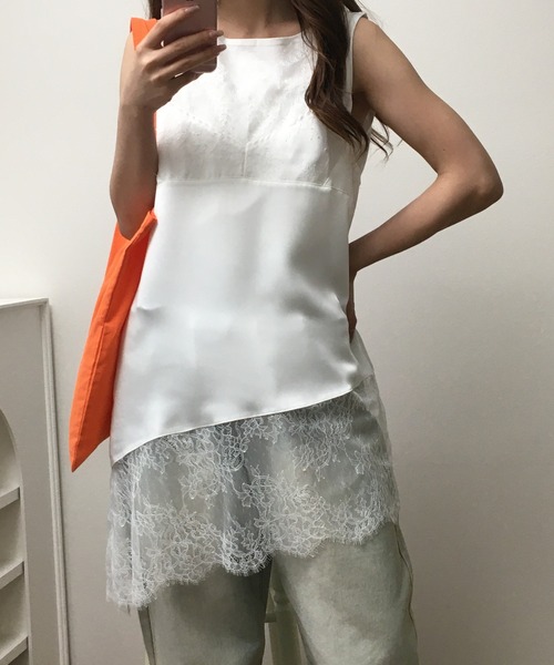 atONE（アットワン）の「レース切替サテンアシメキャミ（キャミソール・レディース・ブラック/オフホワイト・F）」の11枚目の写真