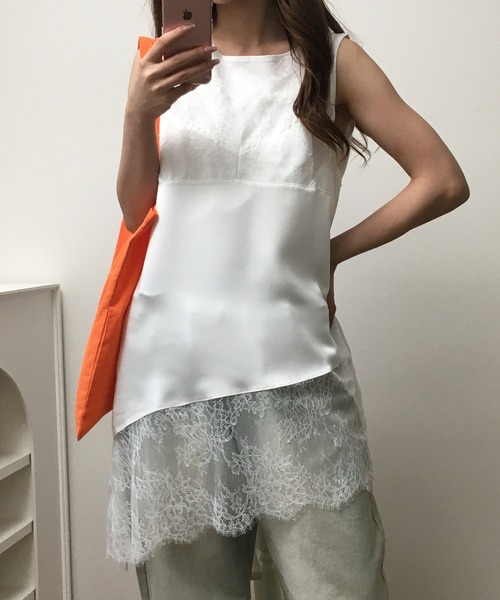 atONE（アットワン）の「レース切替サテンアシメキャミ（キャミソール・レディース・ブラック/オフホワイト・F）」の12枚目の写真