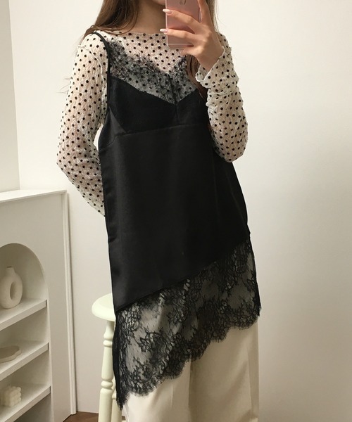 atONE（アットワン）の「レース切替サテンアシメキャミ（キャミソール・レディース・ブラック/オフホワイト・F）」の17枚目の写真