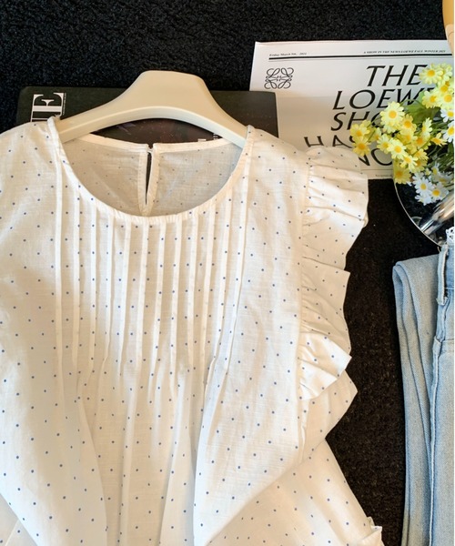 LUCPY（ラクピー）の「ドット柄フリルノースリーブブラウス ギャザーデザイン ペプラムシルエット（シャツ/ブラウス・レディース・イエロー/ホワイト・LARGE/MEDIUM/SMALL）」の3枚目の写真