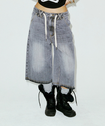 STRING CAPRI DENIM PANTS GREY