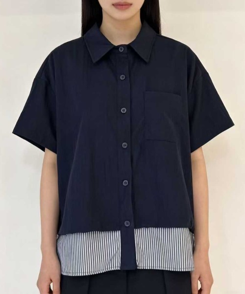 WESTSEA(ウエストシー)の「異素材レイヤード風 ドロストショートスリーブシャツ 半袖(シャツ/ブラウス・レディース・ネイビー/ホワイト/カーキ・FREE)」の3枚目の写真