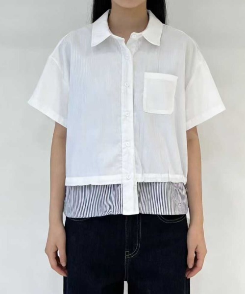 WESTSEA(ウエストシー)の「異素材レイヤード風 ドロストショートスリーブシャツ 半袖(シャツ/ブラウス・レディース・ネイビー/ホワイト/カーキ・FREE)」の1枚目の写真