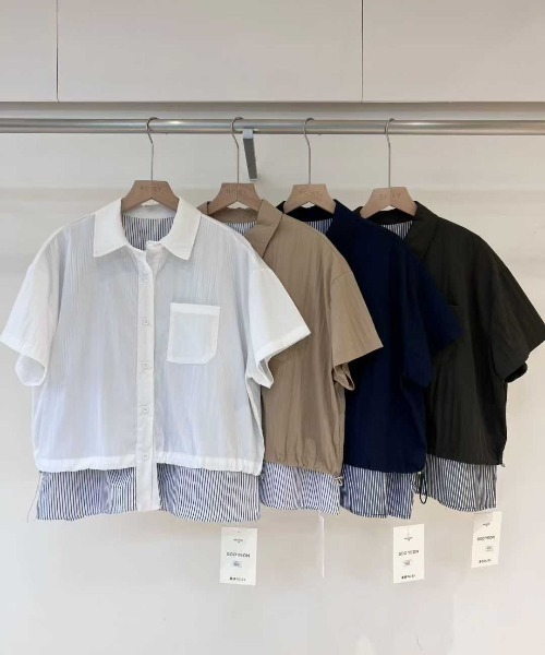 WESTSEA(ウエストシー)の「異素材レイヤード風 ドロストショートスリーブシャツ 半袖(シャツ/ブラウス・レディース・ネイビー/ホワイト/カーキ・FREE)」の9枚目の写真