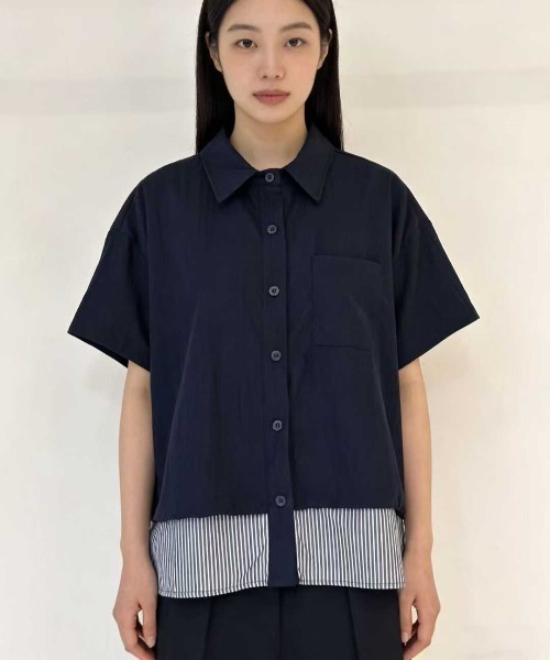 WESTSEA(ウエストシー)の「異素材レイヤード風 ドロストショートスリーブシャツ 半袖(シャツ/ブラウス・レディース・ネイビー/ホワイト/カーキ・FREE)」の6枚目の写真