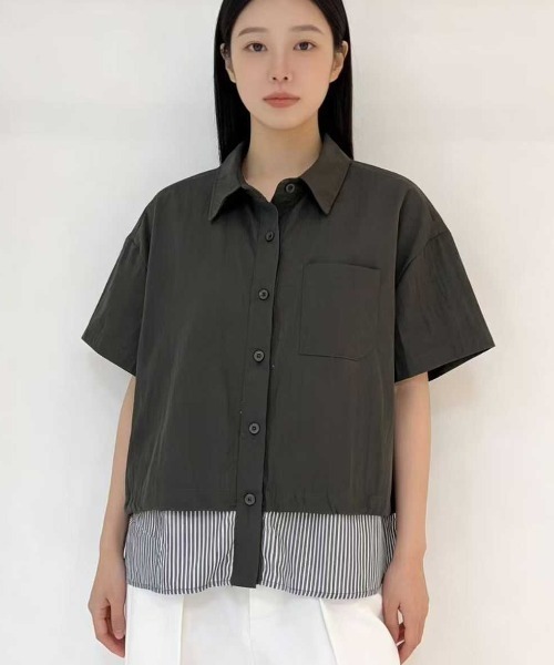 WESTSEA(ウエストシー)の「異素材レイヤード風 ドロストショートスリーブシャツ 半袖(シャツ/ブラウス・レディース・ネイビー/ホワイト/カーキ・FREE)」の5枚目の写真