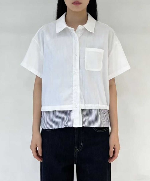 WESTSEA(ウエストシー)の「異素材レイヤード風 ドロストショートスリーブシャツ 半袖(シャツ/ブラウス・レディース・ネイビー/ホワイト/カーキ・FREE)」の4枚目の写真