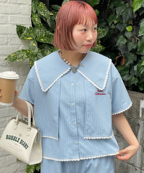 HELLO.SANFRANCISCO(ハローサンフランシスコ)の「【HELLO.SANFRANCISCO/ハローサンフランシスコ】ビックカラーストライプクロップドシャツ(シャツ/ブラウス・レディース・ピンク/ブルー・ONE SIZE)」の3枚目の写真