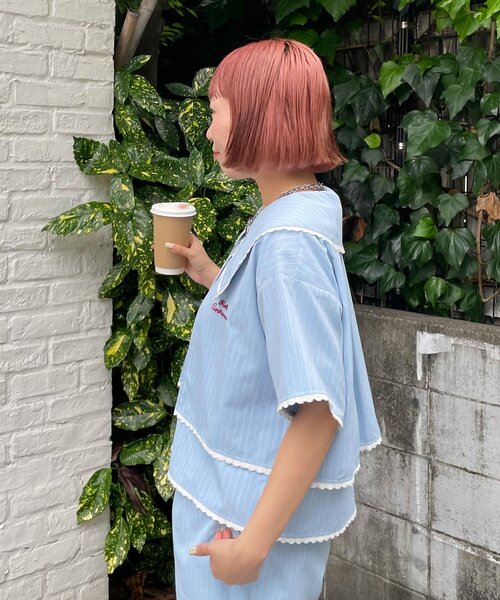 HELLO.SANFRANCISCO(ハローサンフランシスコ)の「【HELLO.SANFRANCISCO/ハローサンフランシスコ】ビックカラーストライプクロップドシャツ(シャツ/ブラウス・レディース・ピンク/ブルー・ONE SIZE)」の4枚目の写真