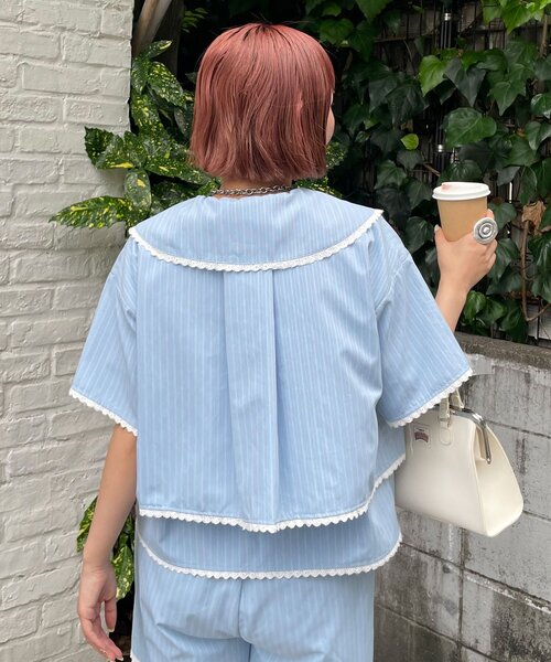 HELLO.SANFRANCISCO(ハローサンフランシスコ)の「【HELLO.SANFRANCISCO/ハローサンフランシスコ】ビックカラーストライプクロップドシャツ(シャツ/ブラウス・レディース・ピンク/ブルー・ONE SIZE)」の5枚目の写真