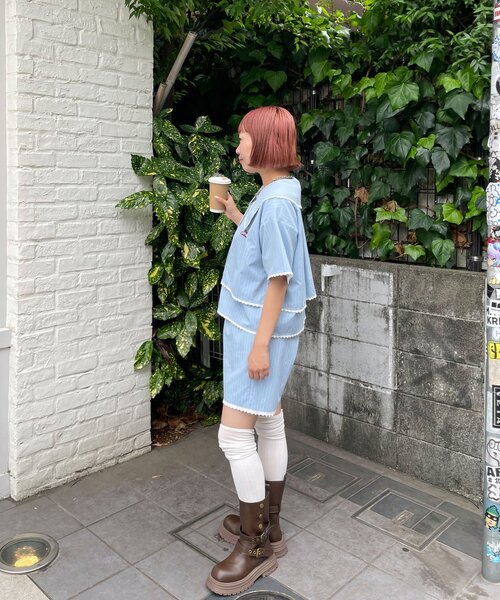 HELLO.SANFRANCISCO(ハローサンフランシスコ)の「【HELLO.SANFRANCISCO/ハローサンフランシスコ】ビックカラーストライプクロップドシャツ(シャツ/ブラウス・レディース・ピンク/ブルー・ONE SIZE)」の7枚目の写真