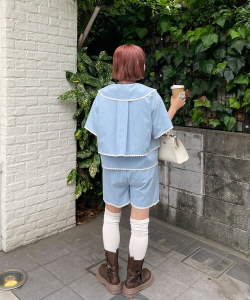 HELLO.SANFRANCISCO(ハローサンフランシスコ)の「【HELLO.SANFRANCISCO/ハローサンフランシスコ】ビックカラーストライプクロップドシャツ(シャツ/ブラウス・レディース・ピンク/ブルー・ONE SIZE)」の8枚目の写真