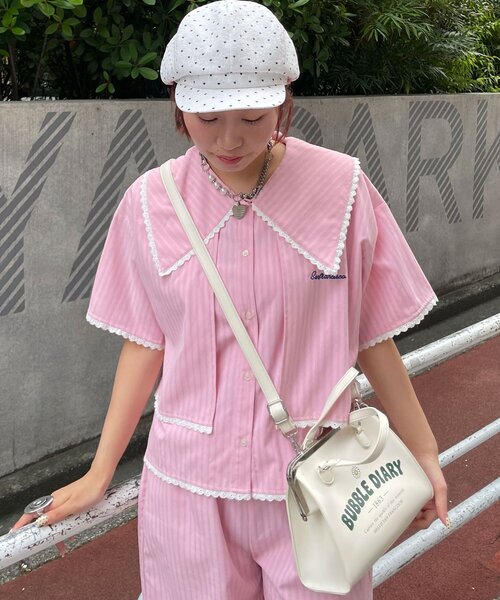 HELLO.SANFRANCISCO(ハローサンフランシスコ)の「【HELLO.SANFRANCISCO/ハローサンフランシスコ】ビックカラーストライプクロップドシャツ(シャツ/ブラウス・レディース・ピンク/ブルー・ONE SIZE)」の9枚目の写真