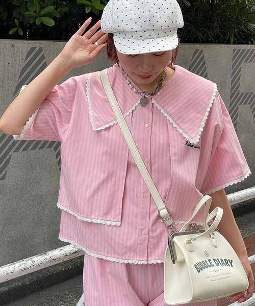 HELLO.SANFRANCISCO(ハローサンフランシスコ)の「【HELLO.SANFRANCISCO/ハローサンフランシスコ】ビックカラーストライプクロップドシャツ(シャツ/ブラウス・レディース・ピンク/ブルー・ONE SIZE)」の11枚目の写真